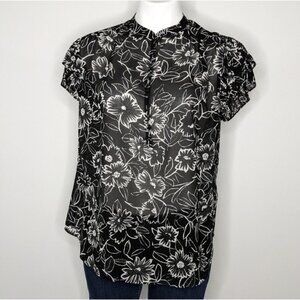 POLO Ralph Lauren black white sheer floral short sleeve button up shirt L